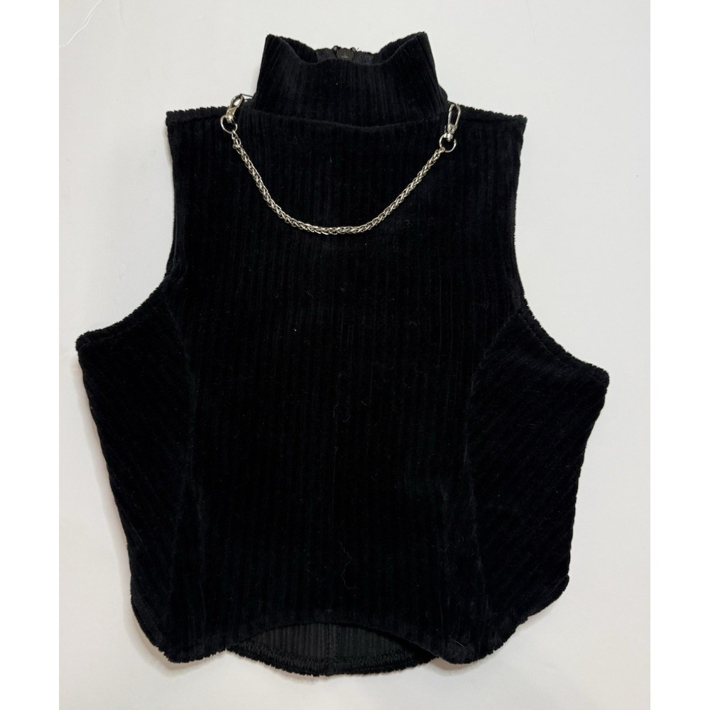 Maniere De Voire Detachable Chain Ribbed Velour Top Black Size 8
